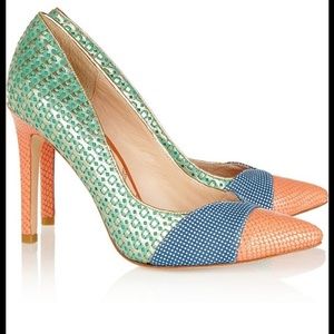 Lucy Choi London “Cupid” High Heels Orange Green Blue Lizard Size 36 / 6